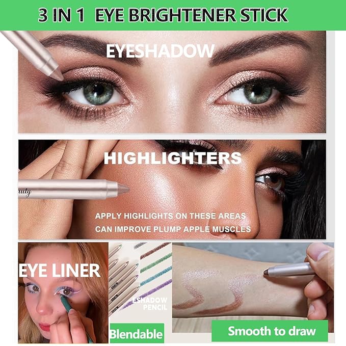 Bright Green Eyeshadow Stick, Blendable Creamy Eye Brightener Stick, Waterproof Eyeshadow Pencil Long Lasting, Smooth Shimmer Eye Shadow Highlighter Eye Liner.#B04 bright greenh shimmer