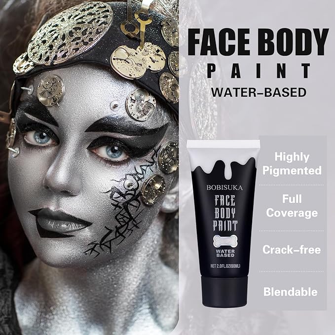 BOBISUKA Silver Face Body Paint, Water Based Face Painting for Art Theater Halloween Party Cosplay Clown SFX Makeup for Women Adults, Non-Toxic Washable