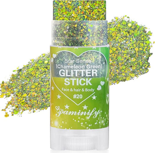 Chameleon Green Body Hair Glitter Stick,Gold Green Face Glitter Elphaba Costume Accessories,Waterproof Shimmer St Patrick's Day Outfit for Women,Mardi Gras Rave Singer Concert Makeup