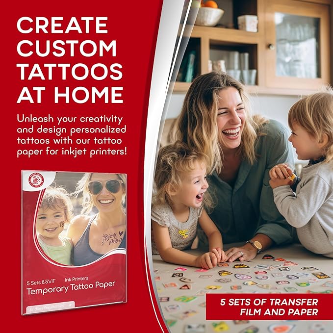 BubblePop! Printable Temporary Tattoo Paper for Inkjet Printer - Skin-Safe, Water-Resistant, Blank 8.5x11” Sheets for Personalized Designs - Make Your Own Temporary Tattoos at Home - 5 Set