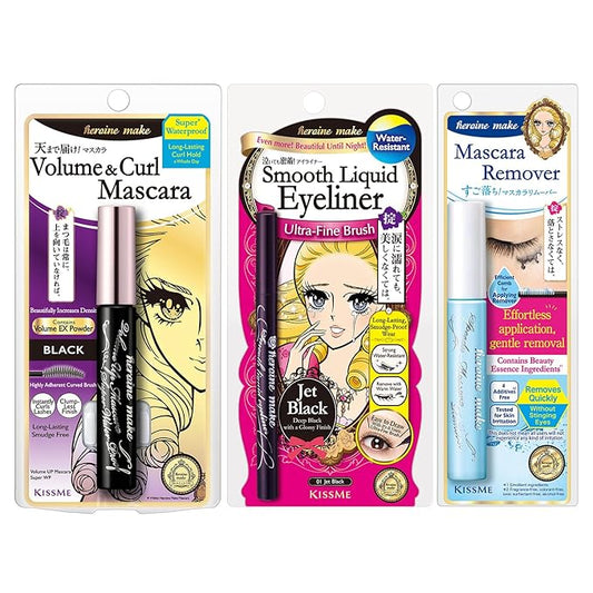 HEROINE MAKE by KISSME Volumizing Waterproof Mascara Volume & Length with Curvy Brush + Smooth Liquid Black Eyeliner, Smudge-free + Gentle Mascara Remover Oil Free, 3 Set