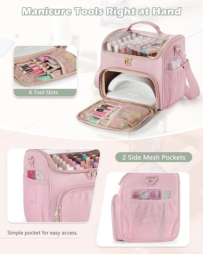 Nail Polish Organizer Bag Holds 42 Bottles(15ml/0.5 fl.oz), Double Layer Nail Storage Case for Gel Polish and Manicure Tools, Travel Nail Bag, Pink