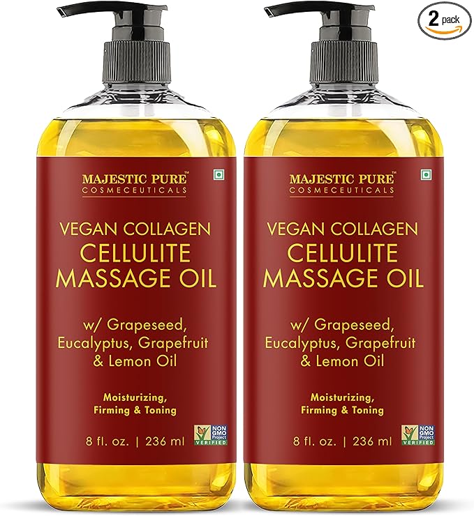 Majestic Pure Firming Body Massage Oil with Collagen – Helps Smooth The Appearance of Cellulite & Improve Skin Texture – Refreshing Aromatherapy Body Oil for Legs & Full Body – 8 Fl Oz Pack of 2