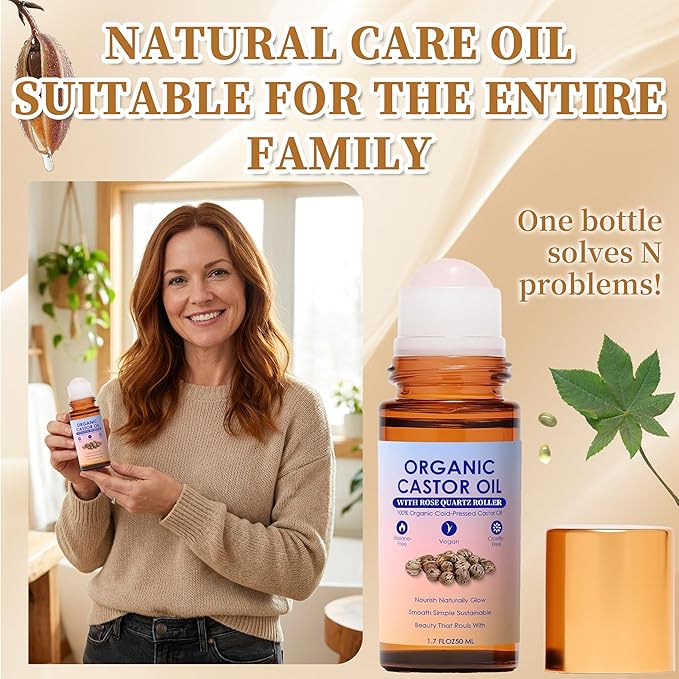 2-Pack Organic Golden Castor Oil Roller Ball Essential Oil, 100% Pure Natural, Holistic Goddess Frankincense and Castor Oil Suitable for Skin, Rose Quartz, Deep Moisturizing, Cold Pressed, 1.7 Fl Oz