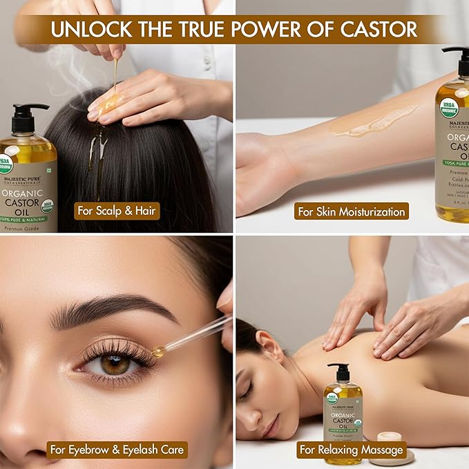 Majestic Pure Organic Castor Oil 8 Fl Oz - 100% Pure and Natural - Premium Grade Carrier Oil - Hair, Eyelashes and Eyebrows - Hair Oil and Body Oil - Cold Pressed - Hexane Free