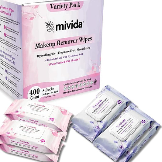 mivida Hypoallergenic Makeup Remover Wipes, Variety Box of 400 Wipes (8x50) 4 Packs with Vitamin E + 4 Packs with Hyaluronic Acid, Fragrance Free, Plant-Based make up wipes for Sensitive Skin