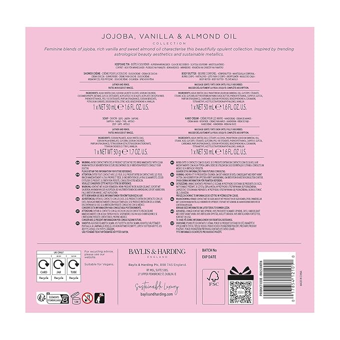 Baylis & Harding Jojoba, Vanilla & Almond Oil Luxury Pamper Tin Gift Set - Vegan Friendly