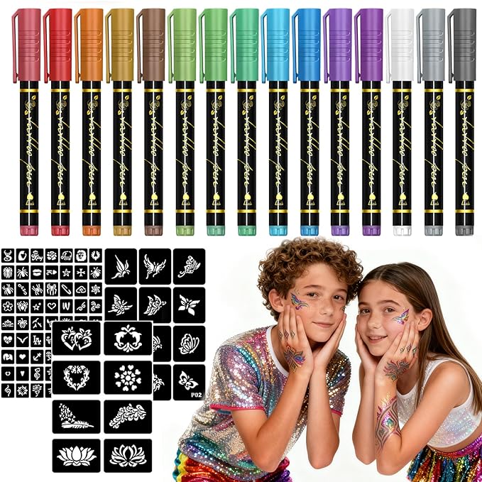 SkinCraft - Safe Temporary Tattoo Pens, Skin Craft Tattoo Markers, 10 Vibrant Colors Body Markers with Reusable Stencils, Skin-Friendly Waterproof Face Paint for Kids Teens Adults Party (15Pcs)