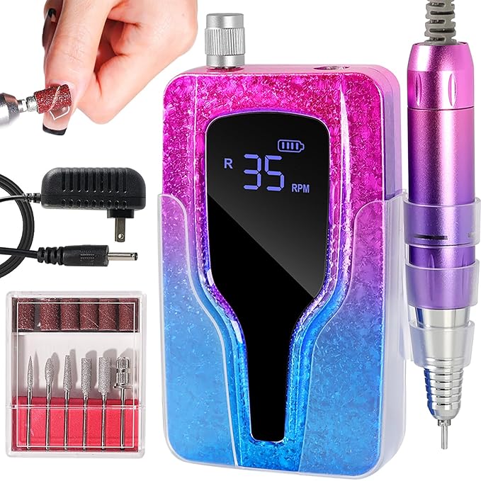 ANRLO Professional Electric Nail Drill, 45000 RPM Cordless Rechargeable E-File Machine, with 12 Bits, Sanding Bands, LCD Display for Acrylic Gel Nails (DMJ-BLY-P40-Purple)