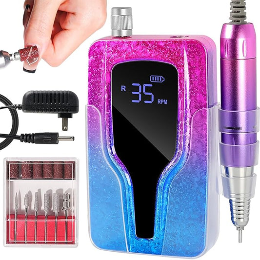 ANRLO Professional Electric Nail Drill, 45000 RPM Cordless Rechargeable E-File Machine, with 12 Bits, Sanding Bands, LCD Display for Acrylic Gel Nails (DMJ-BLY-P40-Purple)