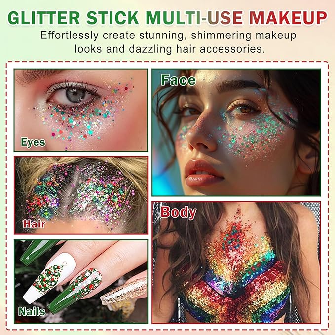 Christmas Body Glitter Stick, Face Body Glitter Gel Holographic Hair Glitter Halloween Chunky Sequin Waterproof Face Paint Stick Glitter Makeup for Kids and Women