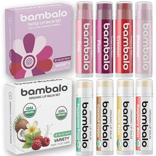 8-Pack Lip Balm Set with Tinted Shades and USDA Organic Flavors for Hydration – Includes Crimson, Pink, Plum, Shimmer, Peppermint, Raspberry, Vanilla, and Coconut – Moisturizing & Nourishing