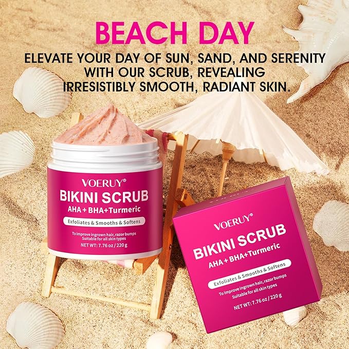 Bikini Area Exfoliator with 10% AHA+BHA & Turmeric, Ingrown Hair & Razor Bumps for Bikini Underarm Area, Skin Moisturizing, Smoothing, Even Skin Tone Exfoliating Body Scrub with Walnut Shell Powder