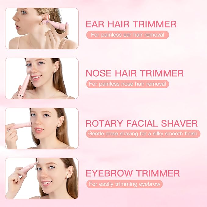 HEBECA Nose Hair Trimmer for Women, 3in1 Electric Eyebrow Trimmer Waterproof Facial Hair Removal Rechargeable Hair Shaver Razor for Nose Ear Eyebrow Peach-Fuzz Lips Chin FT3001 Pink (Pink)
