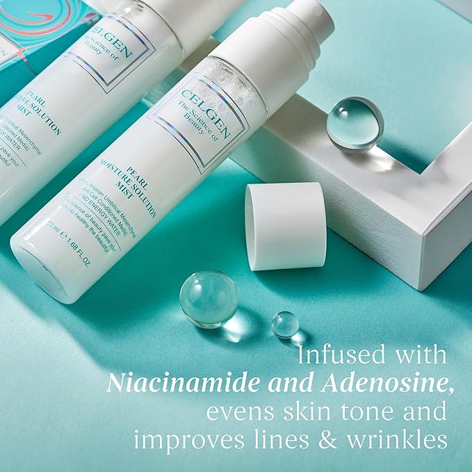 CELGEN Pearl Moisture Solution Mist – Ultra Fine 3-in-1 Setting Spray with Niacinamide and Pearl Extract, Glow Makeup Primer for Dry Skin, Travel Size Lightweight Facial Toner (1.68 fl oz)