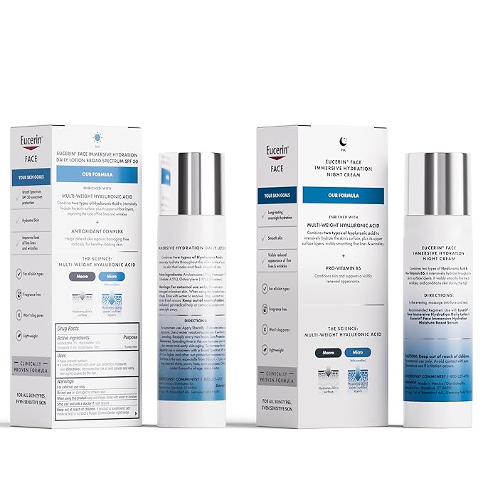 Eucerin Face Immersive Hydration Skin Care Set, Daily Face Lotion with SPF 30, 2.5 Fl Oz Bottle + Night Cream with Hyaluronic Acid, 2.5 Oz Bottle, Holiday Gifts for Self Care