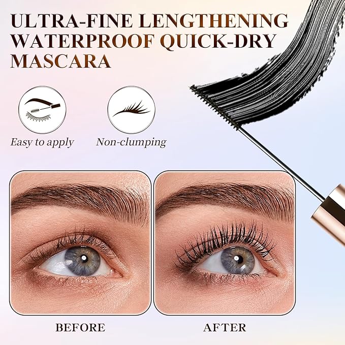 Ultra-Fine Lengthening Waterproof Quick-Dry Mascara, Ultimate Length Volumizing Lashes, for Tiny and Lower Eyelashes & Older Women, Waterproof, Smudge-Proof, Clump-Proof (Black+Brown)