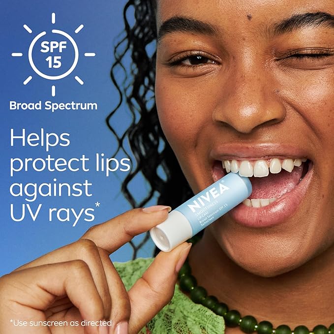 NIVEA Smoothness Lip Care, Sunscreen Lip Balm with SPF 15 Broad Spectrum, Shea Butter, Nourishing Oils and Vitamin C & E, 3-in-1 Moisture, Repair and Sunscreen, 0.17 Oz Stick, Pack of 4