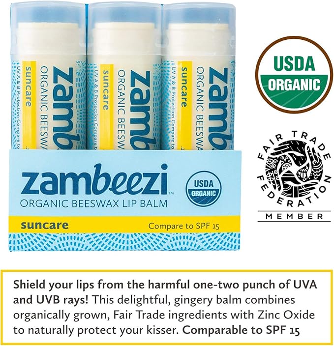 ZAMBEEZI Organic, Fair Trade Beeswax Lip Balm - Suncare 3 Pack - Mineral Based Zinc Oxide Sun Protection - Ethically Sourced