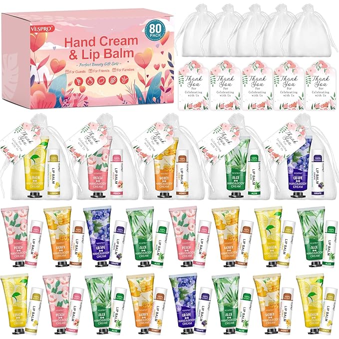 80 Pack Bulk Hand Cream and Lip Balm Sets Gifts, Valentines Day Gifts, Party Favors, Wedding Favors for Guests with Thank You Card and Organza Bags, Mothers Day Gift and Teacher Gift