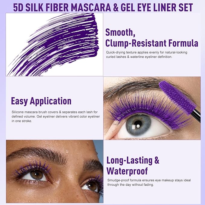 Purple Eyeliner Mascara Set, 5D Colored Mascara Volume Length Smudge-Proof Smooth Shine Gel Eyeliner Pencil Waterproof Natural Curling Purple Mascara for Eyelashes Makeup for Women