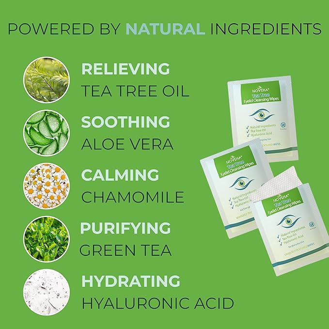 NOVEHA 180PCs Tea Tree Oil Eyelid & Lash Wipes With Hyaluronic Acid, Green Tea & Chamomile For Blepharitis & Itchy Eyes, Individually Wrapped Eyelash Wipes Natural Makeup Remover & Daily Cleanser