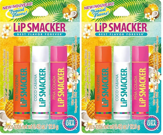 Lip Smackers Flavored Lip Balm Tropical Fever - Moisturizing, Soothing Trio Tiki Tangerine, Coco Cabana, & Pina Colada (Pack of 2)