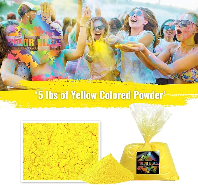 Color Blaze Holi Colored Powder - 5 lbs of Yellow Powdered Color - for Fun Runs, Color Toss, Rangoli, Powder War, Backyard Party & Festivals - Pack of 1 Colorful Bag - 5 Pounds in Bulk - Yellow