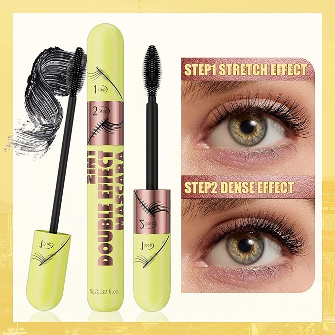QIC 2 in 1 Mascara Black, Dual-Effect Length & Volume, Waterproof 12H Wear, Smudge-Proof 2 Step Mascara for Natural to Full Lashes, 4D Silk Fiber Lash 2 Step, No Clumping, Easy Removal