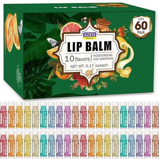 AZEN 60 Pack Natural Lip Balm, Moisturizing Lip Care Product for Dry Cracked Lips (C-60) - 10 Flavors