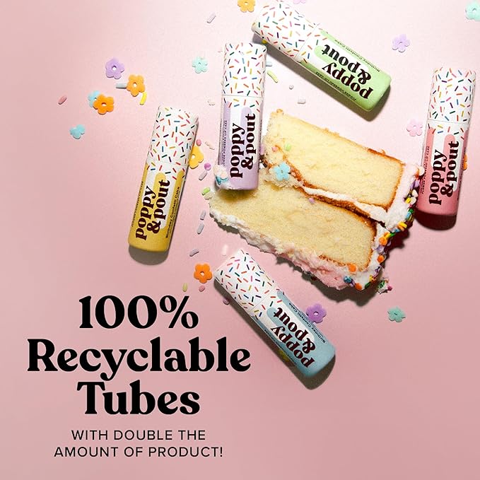 Poppy & Pout Birthday Cake Jumbo Lip Balm | All Natural Lip Balms & Moisturizers | Hydrates with Beeswax, Vitamin E, Organic Coconut Oil | Cruelty-Free | Lip Balm in Recyclable Cardboard Tube (Green)