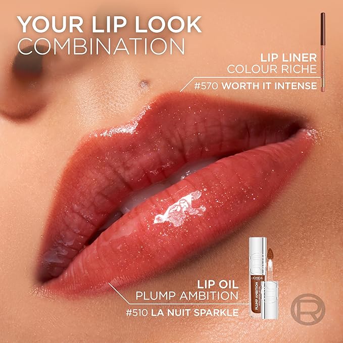 L'Oreal Paris Plump Ambition Hyaluron Lip Oil, 24 HR Lip Gloss with Hyaluronic Acid, Volumizing Formula with Glass-Like Shine, Latte Glace 641, 0.16 Fl Oz