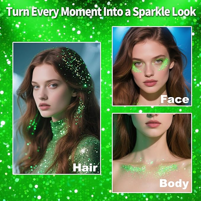 MEICOLY Light Green Body Glitter Stick,Green Accessories for Spirit Week,Alien Face Glitter,Hair Glitter for Women Kids,Irish St Patricks Day Accessories,Festival Mermaid Chunky Makeup for Mardi Gras