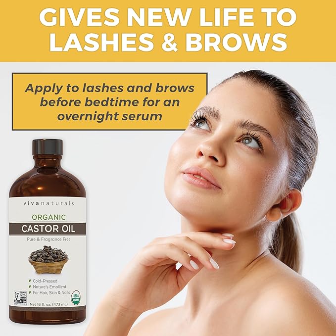 Viva Naturals Organic Castor Oil, Cold-Pressed, 16 fl oz – For Face, Hair, Eyelashes, USDA Organic, Non-GMO - Glass Bottle