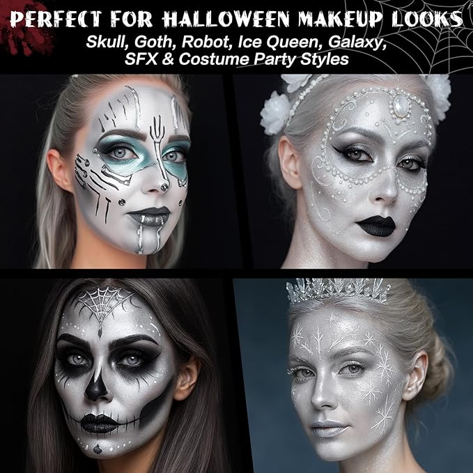 BOBISUKA Metallic Silver Face & Body Paint Stick Water-Based Washable Face Paint Makeup Stick for Halloween Skull, Goth, Robot, Ice Queen, Galaxy, Cosplay, SFX, Sports Eye Black & Costume Party