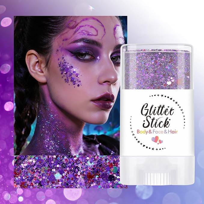 Purple Body Glitter Stick, Perfect Sparkling Neon Outfit Music Festival Stage Mardi Gras Accessories Hair and Face Glitter Gel Makeup.