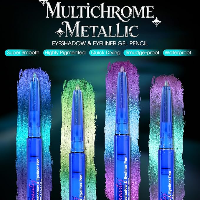 4PCS Chameleon Metallic Eyeshadow & Eyeliner Gel Pencil Set – Multichrome Shifting Colors Glitter Eye Makeup, Waterproof Long-Lasting Smudge-Proof Duochrome Pencil for Multi-Dimensional Looks