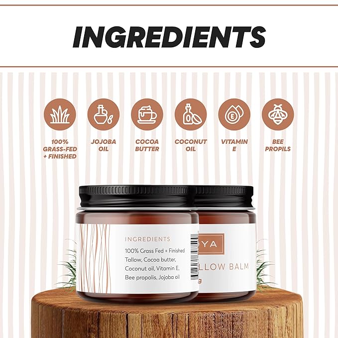 BROYA Premium Tallow Balm - Grass-Fed and Finished Beef Tallow for Skin with Jojoba Oil, Cocoa Butter and Vitamin E - Multi-Purpose Beef Tallow for Face, Body, and Lips - 56g
