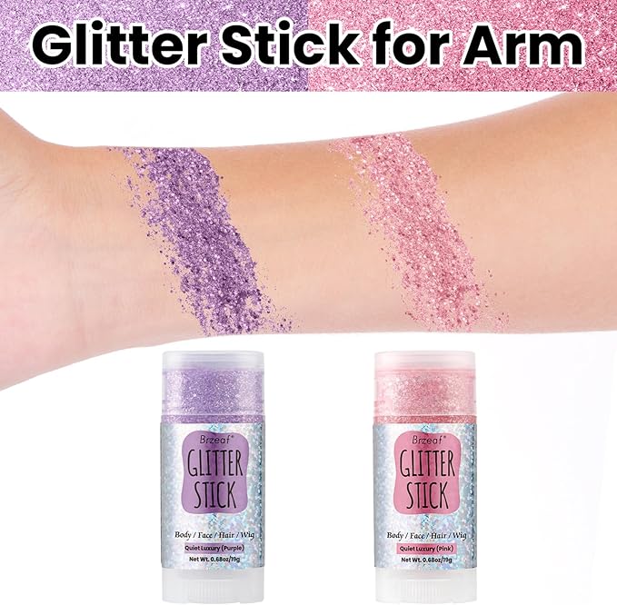Brzeaf Pink Glitter Stick, Not Greasy & Long Lasting, Christmas Face Glitter Gel, Chunky Glitter for Face/Body/Hair/Eyes/Lip, Singer Concert Music Rave Festival, Glitter Stick Makeup for Women Men