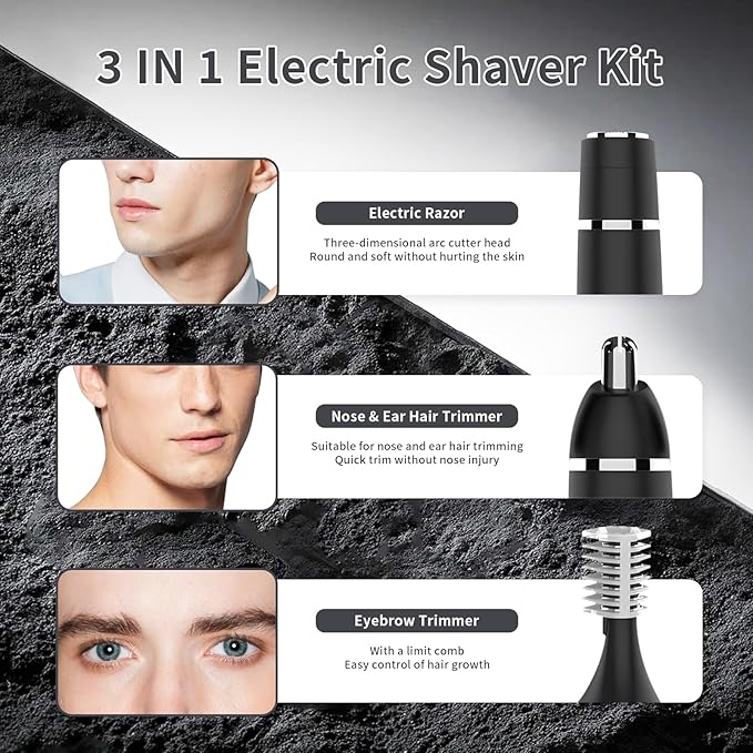Erkot Nose Hair Trimmer for Men and Women, Eyebrow Trimmer, Electric Shaver Razor 3 in 1, Portable, Waterproof and Rechargeable for Ears, Face, Legs (Black)