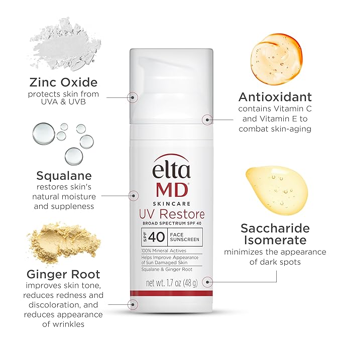 EltaMD UV Restore,Face Sunscreen, SPF 40, Mineral Sunscreen for Sun Damaged Skin Repair, Anti-Aging Zinc Oxide Sunscreen Formula