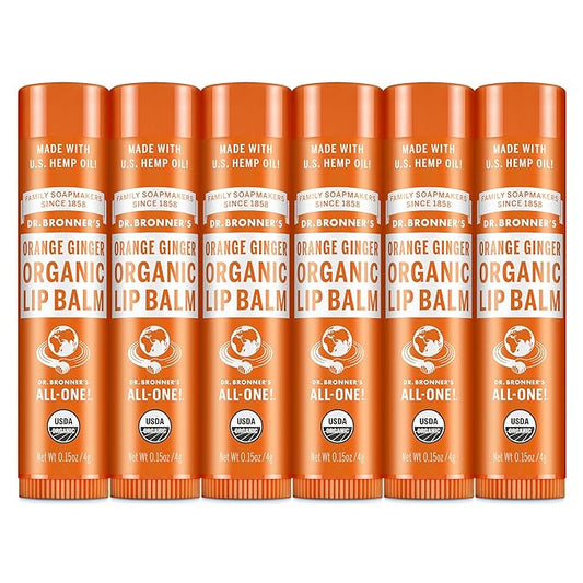 Dr. Bronner’s Organic Lip Balm 6-Pack (.15oz) Natural, Moisturizing, Petroleum-Free Lip Balm with Beeswax & Avocado Oil for Dry Lips, Men & Women - Orange Ginger
