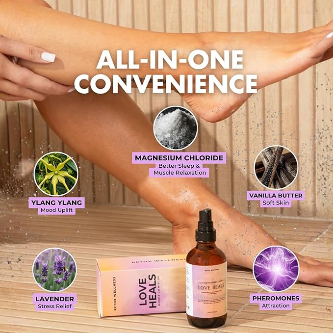 Retox Wellness LOVE HEALS Magnesium Mist| Pure Magnesium Oil Spray with Lavender & Vanilla| Body & Foot Spray Refreshes Tired Skin| Calming Essential Oils for Relaxing & Uplifting Feel, 4oz