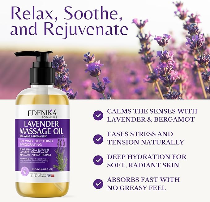 Edenika Botanicals Lavender Massage Oil for Skin, Luxury Aromatherapy & Romantic Massage Oil for Date Night, Relaxing & Hydrating Skin, 8 fl oz