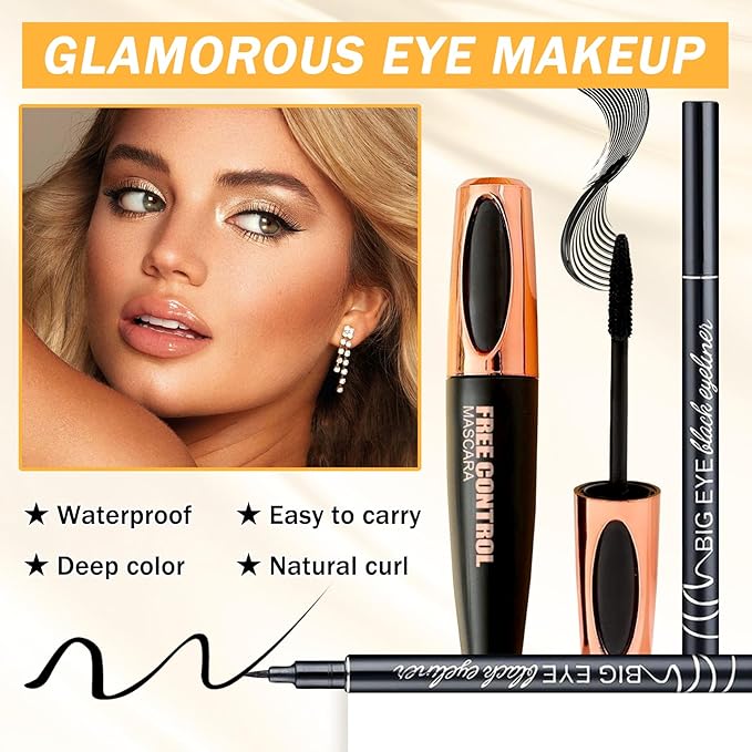 6PCS Black Mascara & Eyeliner Pen Makeup Gift Set,Waterproof Long Lasting Smudge Proof Volume and Length Mascara, Easy to Use, Highly Pigmented Liquid Eye Liner Pencils for Women