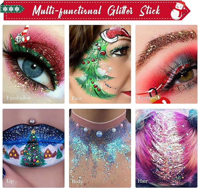 Green Blue Body Hair Face Glitter Stick, Holographic Sequins Face Sparkle Glitter Gel Neon Outfit for Women Face Paint St Patricks Day Rave Festival Mermaid Chunky Makeup