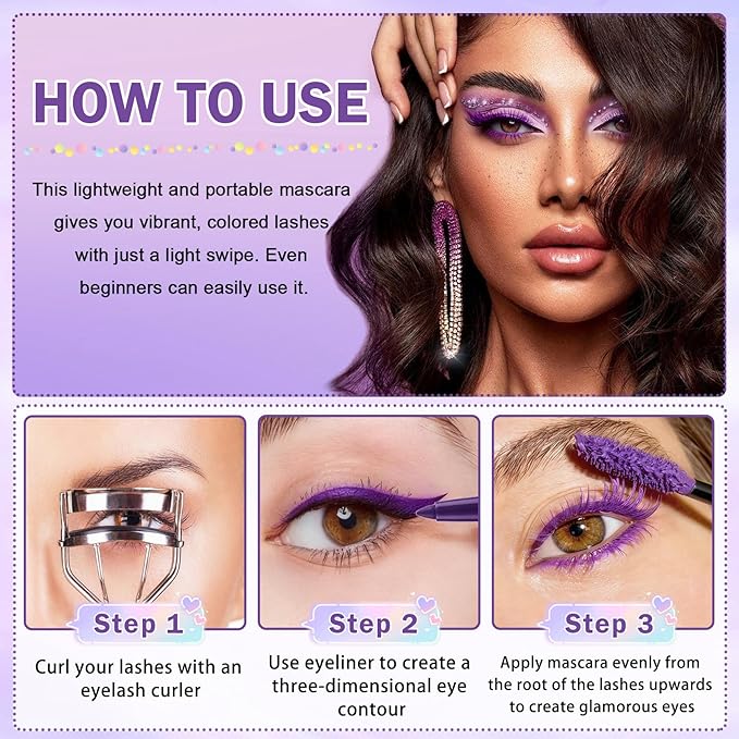 Purple Mascara and Eyeliner Set 5D Coloured Mascara for Eyelashed, Volumizing Curling Defining Eye Lashes, Long-Lasting Waterproof Purple Makeup
