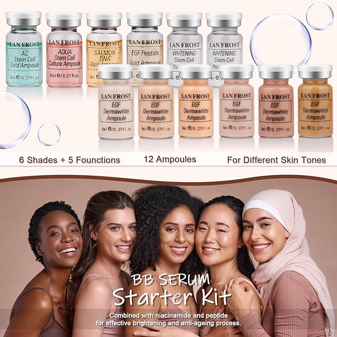 BB Facial Glow Starter Kit Hyaluronic Acid Serum Foundation Skincare Mix Kit 0.27oz Hyaluronic Ampoule and Essence Foundation, 12 Vial Pigment Skincare Kit with Serum