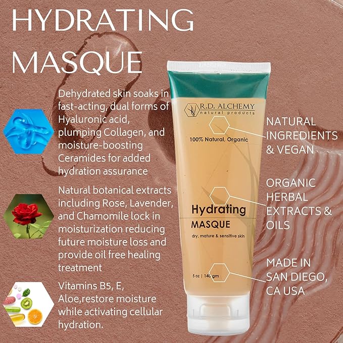 RD Alchemy - 100% Natural & Organic Hydrating Treatment Mask - Hydrate, Moisturize & Reduce the Appearance of Fine Lines & Wrinkles w/Anti-Aging Hyaluronic Acid, Collagen & Ceramides.