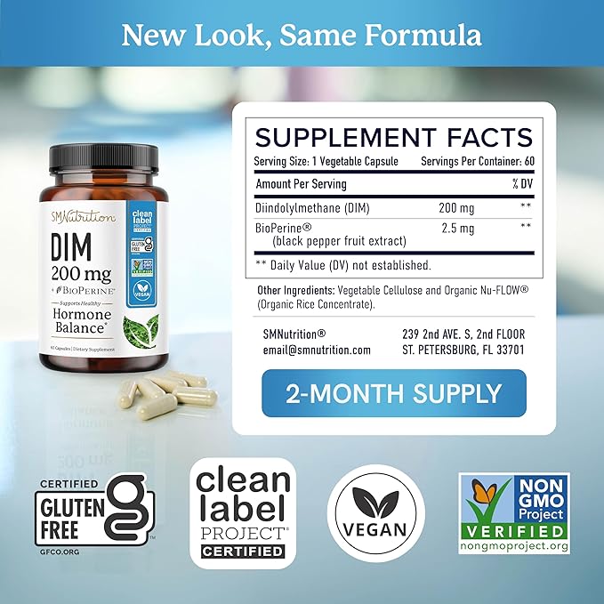 DIM Supplement 200 mg | Estrogen Balance for Women & Men | Hormonal Acne, Hormone Balance, Menopause & Antioxidant Support | Clean Label Project Certified, Vegan & Soy Free Diindolylmethane | 60 Ct.